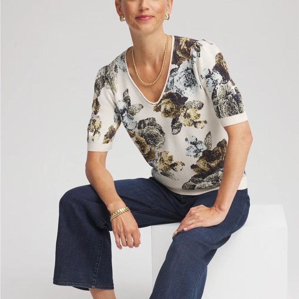 NWT Chico's Floral V-Neck Sweater (cream, black, blue, yellow, copper thread) - Picture 4 of 5